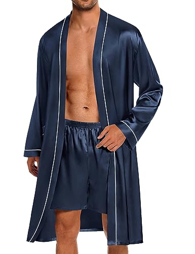 SWOMOG Mens Satin Robe with Shorts Set 2 PCS Kimono Bathrobe Long Sleeve Sleepwear Pjs Sets with Pockets Black Small
