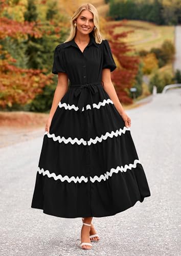 PRETTYGARDEN Women's Summer Maxi Dress Button Down Puff Short Sleeve Ruffle Casual Elegant Long Flowy Shirt Dresses with Belt (Black,Small)