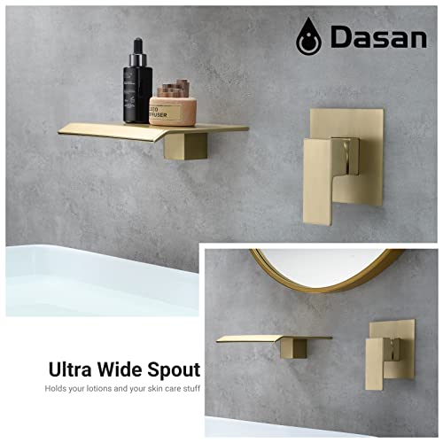 DASAN Wall Mount Waterfall Bathroom Faucet Brushed Gold in Wall Sink Faucet, Single Handle Wall Mounted Modern Faucet for Bathroom with Upgraded Rough in Valve, DA-TFD3BG-NH