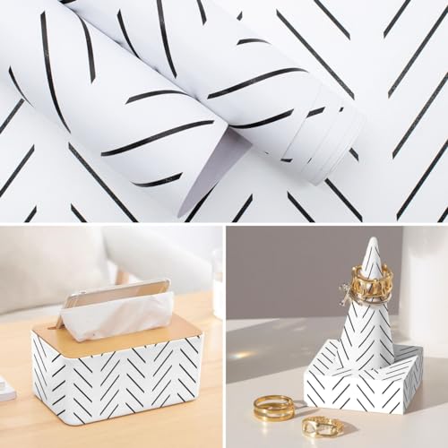 Erfoni Black and White Peel and Stick Wallpaper Modern Herringbone Contact Paper Bathroom 17.7inch x 78.7inch Geometric Removable Wall Paper Peel and Stick Self Adhesive Contact Paper