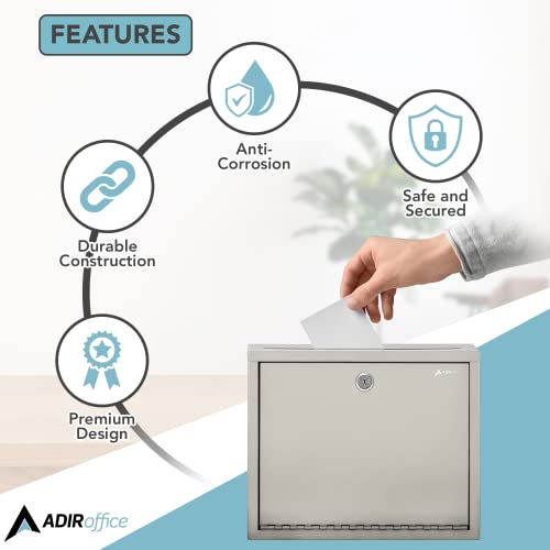 Adir Metal Suggestion Box with Lock and Slot, Wall Mount Deposit Box for Payments and Checks, Office Mail Box for Employees, Mailbox for House, Safe Drop Box with Keys - 3x10x12 Inch Beige
