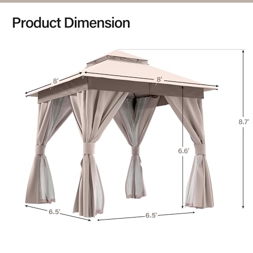 LAUSAINT HOME Outdoor Patio Gazebo with Expansion Bolts, Double Roof Soft top Gazebos Shelter Party Tent with Mosquito Nettings and Privacy Screens for Backyard, Deck, Garden, Lawn (8×8, Khaki)