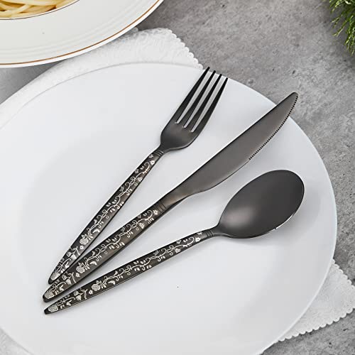 Xingjiake 12-piece Black Silverware Set, Flower Pattern Fancy Knife Spoons And Forks Set, Stainless Steel Flatware Cutlery Set, Serving Utensil Set With Steak Knives Fork Spoons Silverware