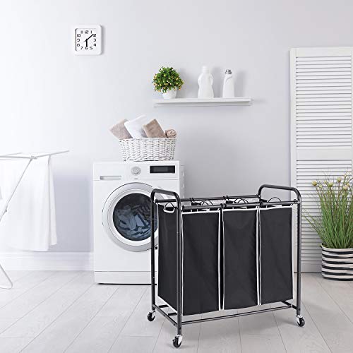 ROMOON Laundry Sorter, 3 Compartment Laundry Hamper with Heavy Duty Rolling Lockable Wheels, Laundry Basket Organizer with Removable Bags for Dirty Clothes Storage, Black