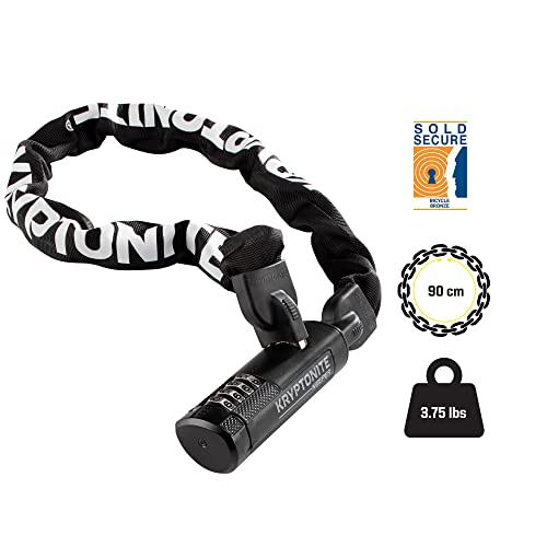 Kryptonite Keeper 790 Combo Bike Chain Lock, 3 Feet Long Heavy Duty Anti-Theft Sold Secure Gold Bicycle Chain Lock, 4-Digit Resettable Combination Lock for E-Bike Scooter Road Mountain Bikes,Black