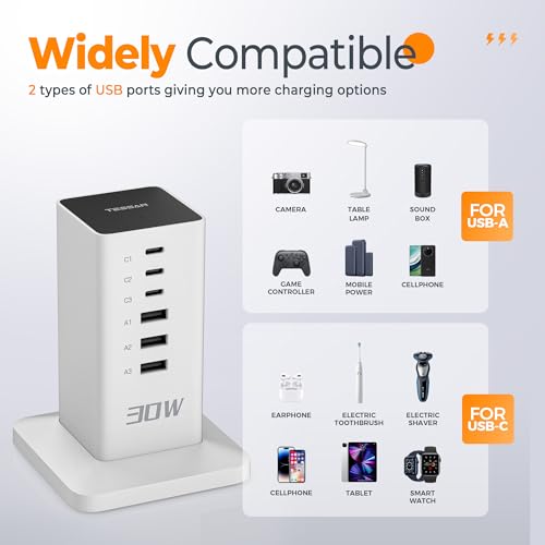 USB Charging Station 30W, TESSAN USB C Charger Block for Multiple Devices, Charging Hub with 6 USB Ports, Tower Charging Blocks for iPhone 14/15, Tablet, Earphone, Office Home Dorm Room Accessories