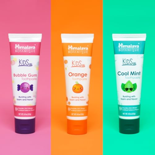 Himalaya Botanique Kids Toothpaste, Herbal, Cool Mint, Bubble Gum and Orange Flavor, Fights Plaque, Fluoride Free, No Artificial Flavors or Colors, SLS Free, Gluten Free, Vegan, 4 Oz, Variety 3 Pack…