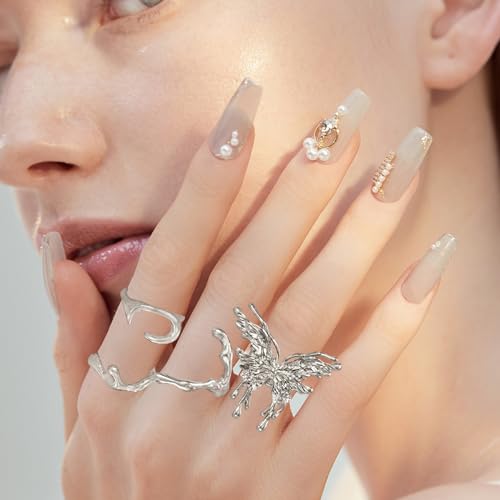 Kasmena 4Pcs Silver Butterfly Knuckle Rings for Women,Stackable Rings Silver Butterfly Ring Set Adjustable Silver Rings Personality Ring Fine Jewelry for Women Accessories Gift