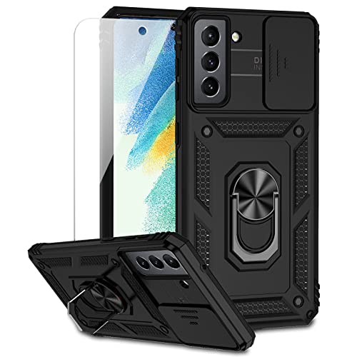 for Samsung Galaxy S21 FE 5G Case with Camera Lens Cover HD Screen Protector, Military-Grade Drop Tested Magnetic Ring Holder Kickstand Protective Phone Case for Samsung Galaxy S21 FE 5G (Black)