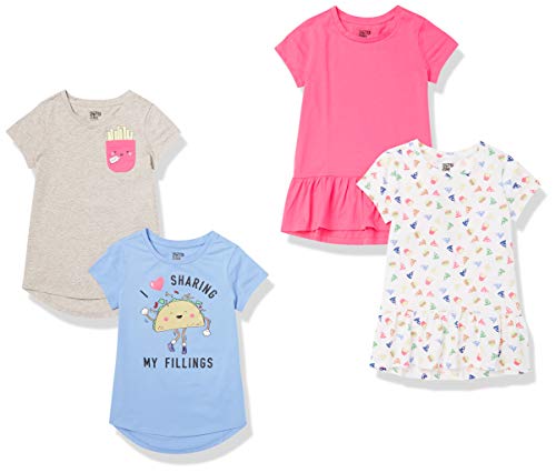 Amazon Essentials Toddler Girls' Short-Sleeve and Sleeveless Tunic Tops (Previously Spotted Zebra), Pack of 3, Black Bananas/Grey/White Stars, 4T