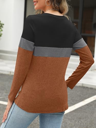 TICTICMISS Women's Long Sleeve Shirts Zipper Color Block V Neck Tunic Tops Casual Blouse