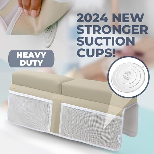 Toodly Baby Bath Kneeler and Elbow Rest Pad Set - Baby Bath Support for Knees and Elbows - Bath Kneeler Pad with Memory Foam and Bath Toys Organizer - Ideal Bath Kneeling Pad for Bathing Baby - Beige