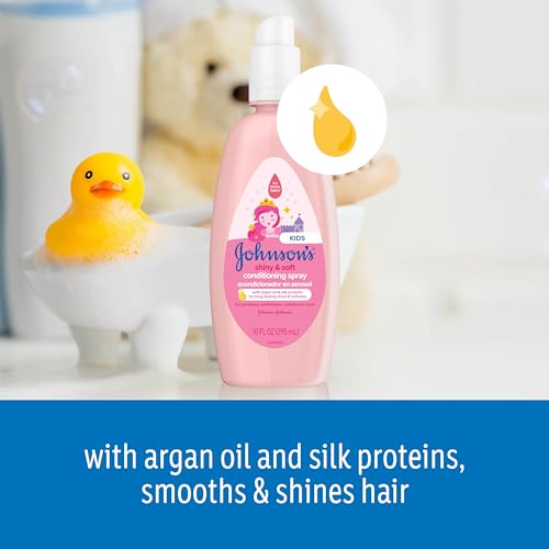 Johnson's Baby Shiny & Soft Tear-Free Kids' Hair Conditioning Spray with Argan Oil & Silk Proteins, Paraben, Sulfate & Dye-Free Formula, Hypoallergenic & Gentle for Toddlers, 10 Fl Oz