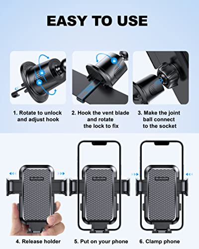 [2024 Newest] Car Vent Phone Mount, [Upgrade Hook Clip Never Shake] Adjustable 360 Rotation Vent Clip Car Phone Holder Mount, Big Phone & Thick Case Friendly Fit for All iPhone, Samsung & Cell Phone