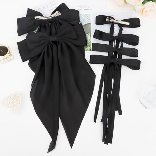 ANBALA Big Hair Bows for Women, 6 PCS Satin Ribbon Hair Bows Set, Tassel Bowknot Hair Clips with Long Tail, Cute Hair Barrettes Bowknot Tassel Claw Hair Clips for Girls (Black)