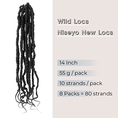 Niseyo Wild Locs 14 Inch Distressed New Faux Locs with Curly Ends 8 Packs Long Soft Pre-looped Goddess Locs Crochet Hair (1#, Jet Black)