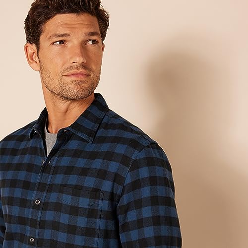 Amazon Essentials Men's Slim-Fit Long-Sleeve Button Down Plaid Flannel Shirt, Navy Red Plaid, Small