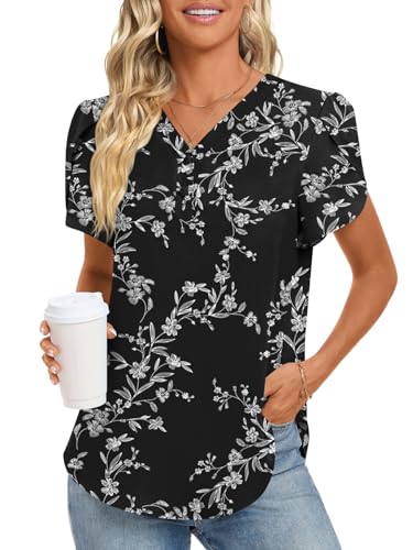 HOTGIFT Ladies 2024 Spring Casual Tunics Tops V Neck Ruffle Short Sleeve Shirt Loose Comfy Chiffon Blouse Polka Dots Red Medium