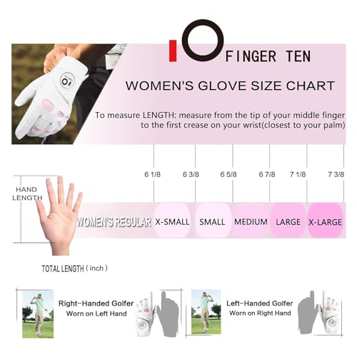 FINGER TEN Women’s Leather Golf Glove with Ball Marker Extra Grip 1 Pack, Left Right Hand Pink Fit Woman Girl, Size Small Medium Large XL (Small, Left)