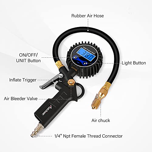 AVID POWER Digital Tire Pressure Gauge, Tire Inflator with Pressure Gauge 200PSI, Heavy Duty Air Chuck, Quick Connect Coupler for Air Compressor, Highly Accurate, Pressure Gauge with Deflator