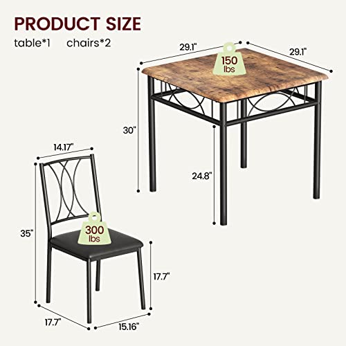 Amyove 3 Piece Kitchen Table Set, Dining Table and Chairs for 2, Metal and Wood Square Dining Room Table Set with 2 Upholstered Chairs, Kitchen Table Set for Small Space, Apartment, Rustic Brown