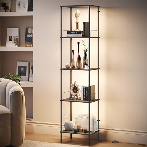 SUNMORY Display Shelf with Dimmable Lights, Lighted Display Cases for Collectibles, Adjustable Color Temperature and Brightness, Display Cabinet, Floor Lamp with Shelves, Home Decor, Black