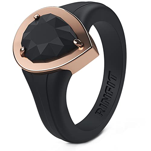 Rinfit Silicone Rings Women - Promise Ring, Silicone Wedding Bands for Her - Metal Framed Silicone Pear -Pack O: White/Silver & Pink/Rose Gold, Size 5