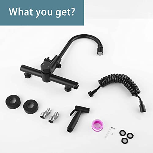 Wall Mount Kitchen Faucet 8 Inch Faucets Matte Black Faucet for Kitchen, with Spray Gun and 2 Water Jet, Swivel 360° spout Wall faucets, Wall mounting Kitchen Faucet