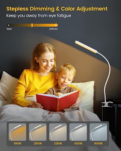 Glocusent 5W Multi-Purpose Clip On Light, 38 LED Eye Caring Reading Bed Lamp, 5 Color & 5 Brightness with a Remote, 30-Min Auto Off Timer, Perfect for Bed Reading/Studying/Working