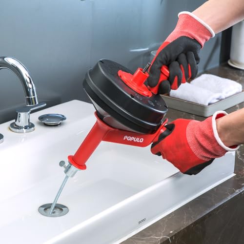 POPULO Drain Auger, 25 Ft Plumbing Snake Clog Remover with Glove and Snake Drain Drill Attachment, 3/4"-2" Pipe Snake Hair Drain Clog Remover Tools for Shower, Bathtub, Sink, Kitchen, Sewer