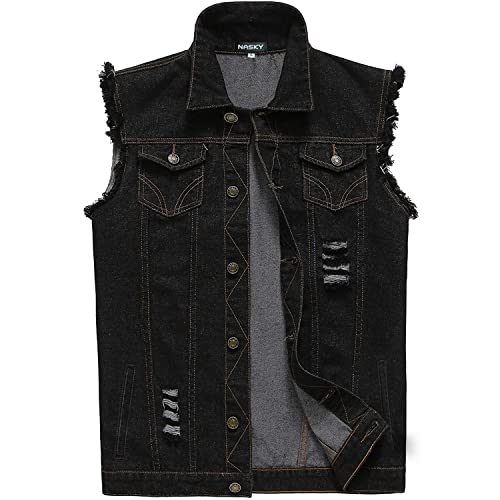 NASKY Men's Fit Retro Ripped Denim Vest Sleeveless Jean Vest and Jacket (Small, Black)