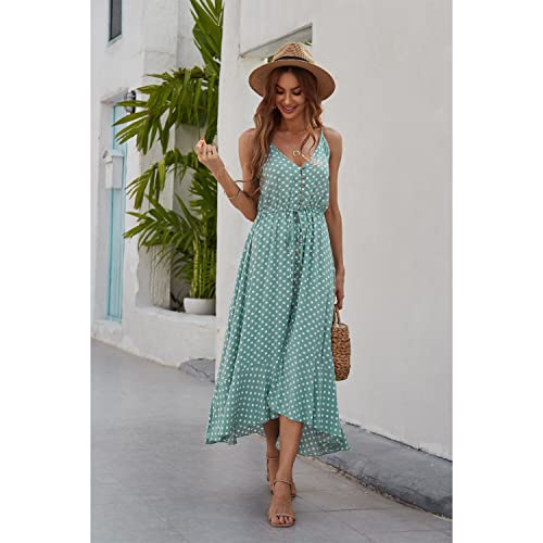 BROVAVE Women's 2025 Summer Casual Boho Sundress Polka Dot Spaghetti Strap V Neck Flowy Midi Dresses(008 Pink, Small)