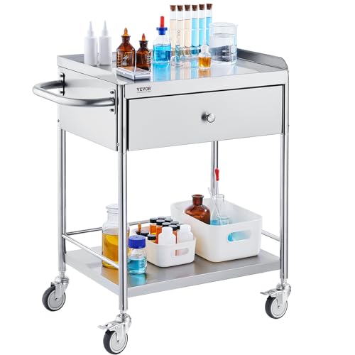 VEVOR Medical Cart, 2 Layers Stainless Steel Cart 220 lbs Weight Capacity, Lab Utility Cart with 360° Silent Wheels and a Drawer for Lab, Clinic, Kitchen, Salon, Silver