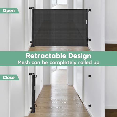 55 Inch Retractable Baby Gate Retractable Dog Gate for The House Retractable Pet Gate for Dogs Indoor Retractable Baby Gates for Doorways Mesh Baby Gate Retractable Mesh Gates for Kids Or Pets (Black)