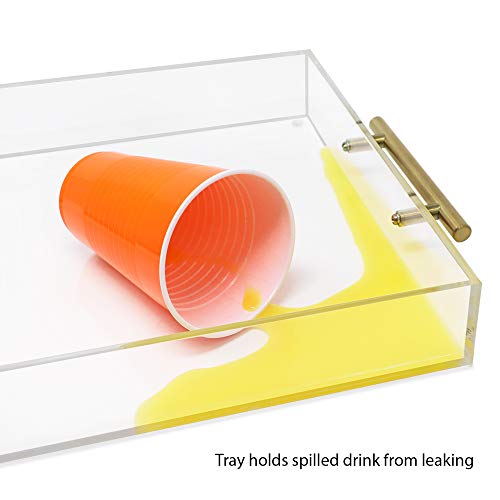 Isaac Jacobs Clear Acrylic Serving Tray (12x12) with Gold Metal Handles, Spill-Proof, Stackable Organizer, Food & Drinks Server, Indoors/Outdoors, Lucite Storage Décor (12x12, Clear with Gold Handle)