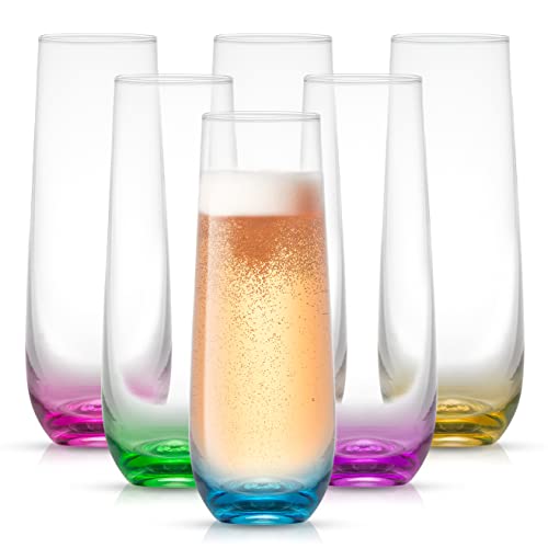 JoyJolt HUE Stemless Champagne Flutes Set of 6 Colored Glasses. 9.4oz Champagne Glasses. Prosecco Wine Flute, Mimosa Glasses Set, Cocktail Glass Set, Stemless Glasses, Crystal Glasses, Bar Glassware