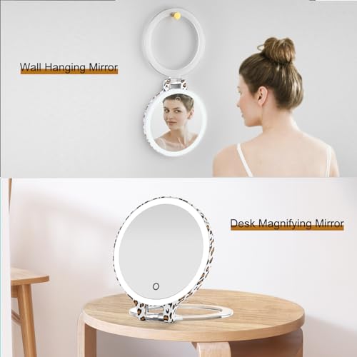 Famihomii Travel Makeup Mirror with 3 Color Lights and 10X Magnification, Rechargeable Travel Mirror Double Sided, Lighted Led Vanity Desk Magnifying Mirror with Adjustable Rotation, Leopard Print