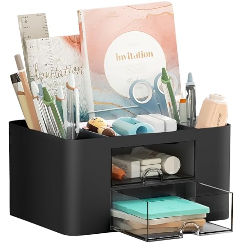 Marbrasse Pen Organizer with 2 Drawer, Multi-Functional Pencil Holder for Desk, Desk Organizers and Accessories with 5 Compartments + Drawer for Office Art Supplies (Beige)