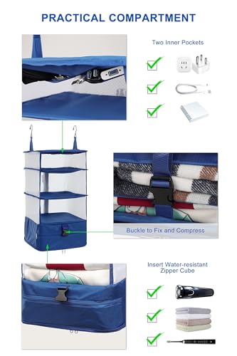 ELEZAY Hanging Packing Cubes Portable Travel Closet Collapsible Compression Clothes Organizer with Built in Shelves for Carry-on Luggage Suitcase Wardrobe Large_11.8 * 11.8 * 24 in, Beige