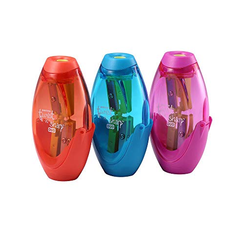 Bostitch Office Twist-N-Sharp Manual Pencil Sharpener, Double Hole, 3-Pack, Blue, Orange, Pink, (PS2-ASST-3PK)