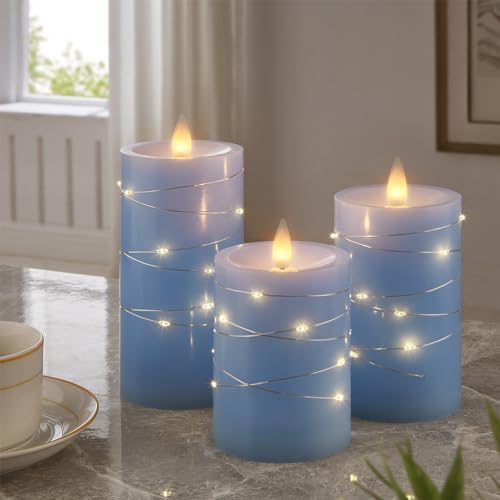 CozierGlowWax Flameless Pillar Candles Flickering with String Lights, 3D Moving Flame Candles with Remote Timer, Set of 3, 3 x 4, 5, 6 Inches, Remote Included (Pink)