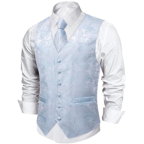 DiBanGu Mens Paisley Vest Tie Set with Lapel Pin Tie Clip 7PCS Silk V-Neck Suit Waistcoat and Necktie for Tuxedo Wedding, Royal Blue and Black, Medium