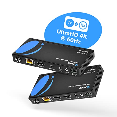 OREI 4K HDMI Extender Balun HDBaseT UltraHD 4K,60Hz 4:4:4 Over Single CAT5e/6/7 Cable with HDR, CEC & IR Control, RS-232 - Up to 400 Ft - Loop Out - Power Over Cable - Audio Out