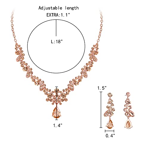 EleQueen Women's Wedding Jewelry for Bride, Champagne Rose Gold Plated Round and Leaf Austrian Crystal Necklace Dangle Earrings Sets for Bridesmaid Party