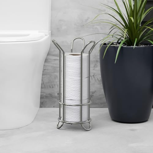 BROOKSTONE, Chrome Toilet Paper Holder, Freestanding Bathroom Tissue Organizer, Minimalistic Storage Solution, Stylish Design [Holds MEGA Rolls]