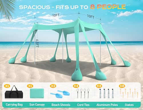 Beach Tent, Beach Canopy UPF50+ UV Protection, 10x10ft Beach Shade Sun Shelter with 8 Sandbags, Sand Shovels, Ground Pegs, Stability Poles for Camping, Fishing, Picnics, Backyard Fun, Light Green