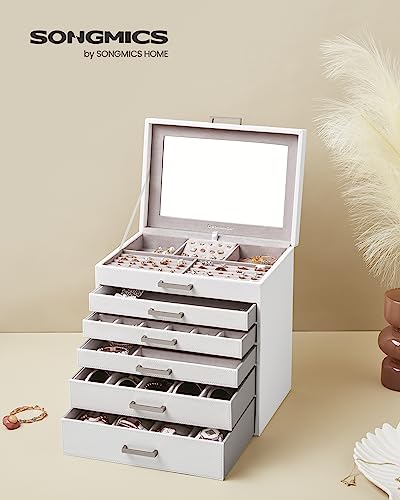 SONGMICS Jewelry Box, 6-Tier Jewelry Organizer, Large Jewelry Case with Big Mirror, 5 Drawers, Large Capacity, Jewelry Storage, Modern Style, Gift for Loved Ones, White UJBC138