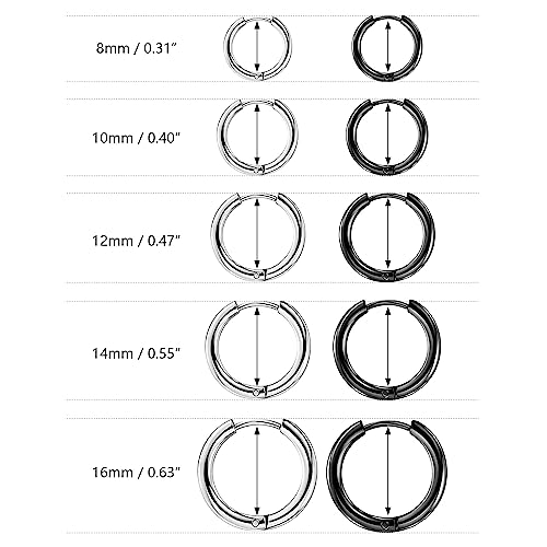 BOUTIQUELOVIN 10 Pairs Stainless Steel Hoop Earrings for Men Small Black Hoop Earrings Set Mens Hypoallergenic Huggie Hoop Earrings