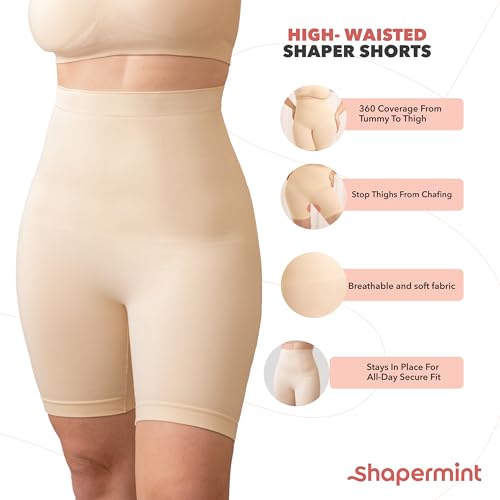 SHAPERMINT High Waisted Body Shaper Shorts - Shapewear for Women Tummy Control Small to Plus-Size Nude Large/Medium