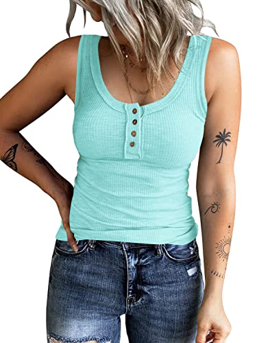KINLONSAIR Women's Sleeveless Henley Tank Tops Ribbed V Neck Button Down T Shirts Summer Slim Fit Tee Tops Orange